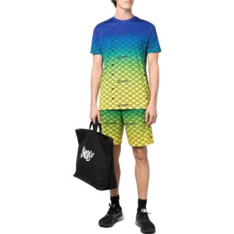 SS22 Patrón geométrico alfabético Impresión completa Degradado Pantalones Cortos Azul