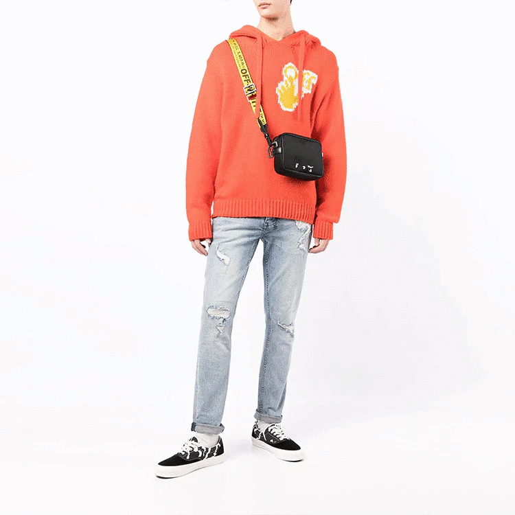 Suéter de lana con capucha y punto intarsia con logotipo Off-White para hombre FW21, corte holgado, color naranja