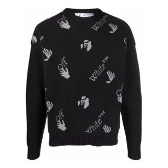 Suéter de lana de cuello redondo con logo de punto intarsia para hombre Off-White FW21, corte holgado, color negro