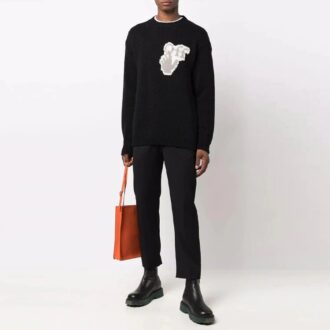 Suéter de lana de cuello redondo con logo «Hands Off» y letras de Off-White para hombre, colección FW21, corte holgado, color negro
