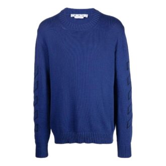 Suéter de lana de cuello redondo y manga larga con patrón geométrico en intarsia de Off-White para hombre, colección Otoño-Invierno 2022, color azul